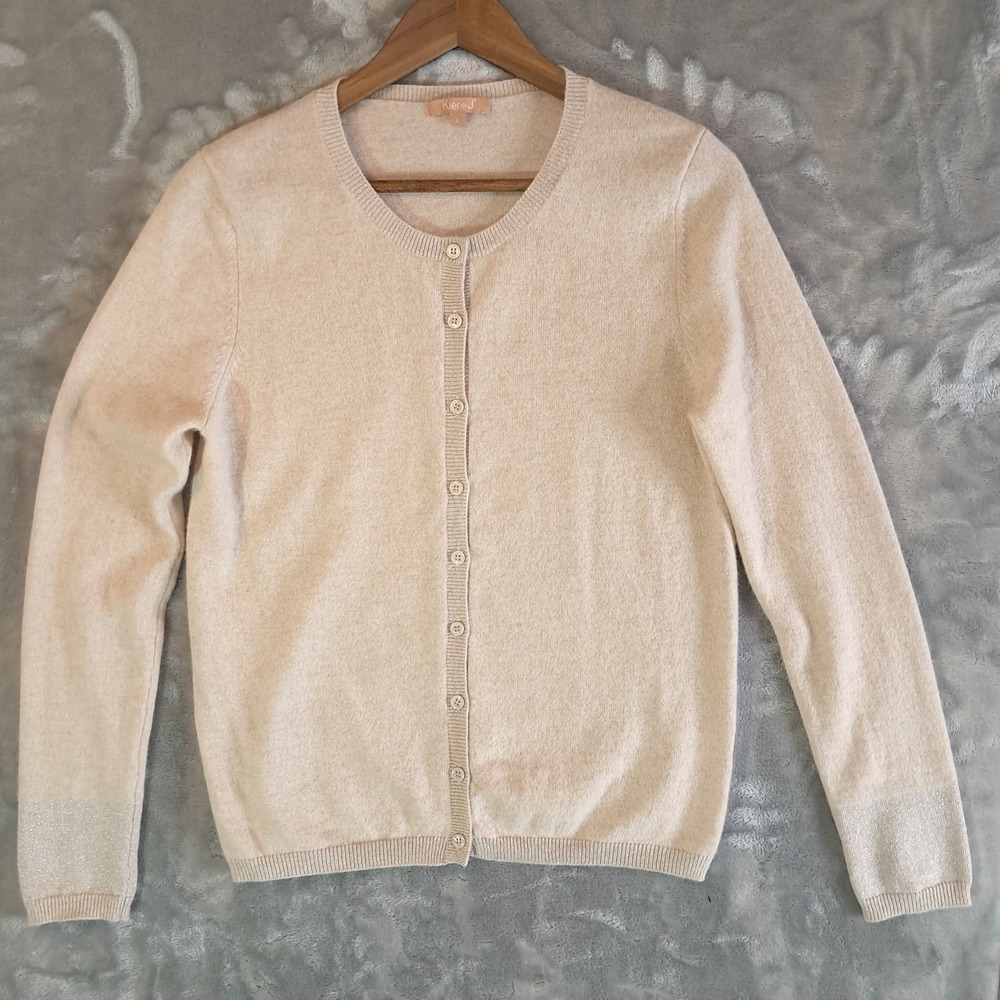 Kier + J Cashmere Cardigan Sweater Women Large L Beige Shimmer Sparkle Cuff Crew